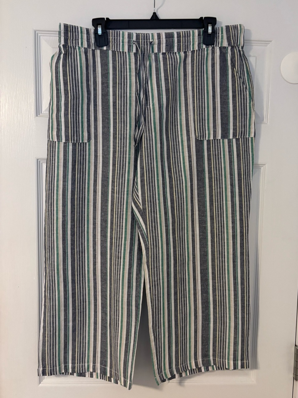 Liz Claiborne Wide Leg Cropped Pull On Pants Blue Stripe Linen Blend Women’s L